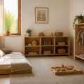 Habitación infantil pequeña con cama baja, estantería accesible y tonos naturales