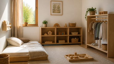 Habitación infantil pequeña con cama baja, estantería accesible y tonos naturales