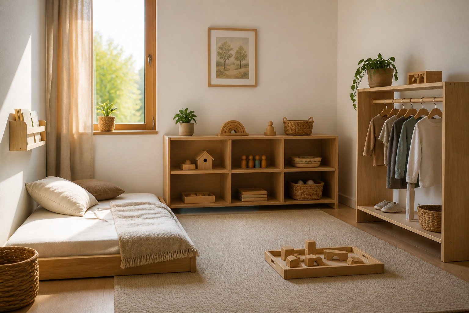 Habitación infantil pequeña con cama baja, estantería accesible y tonos naturales