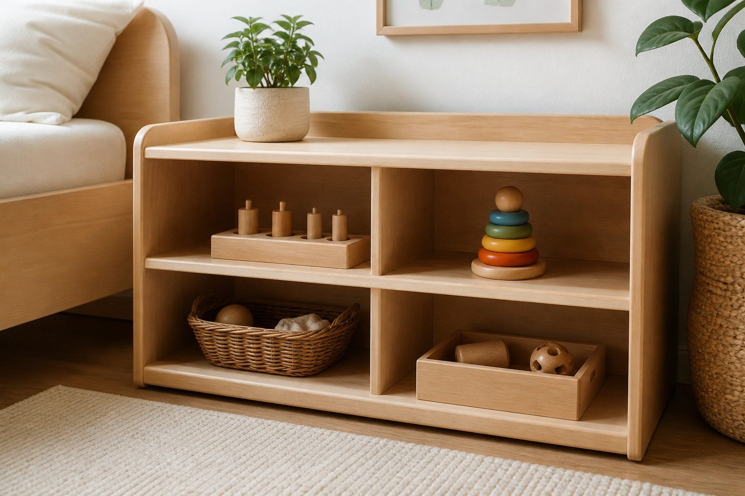 Rincón Montessori ordenado con pocos juguetes, libros frontales y perchero infantil