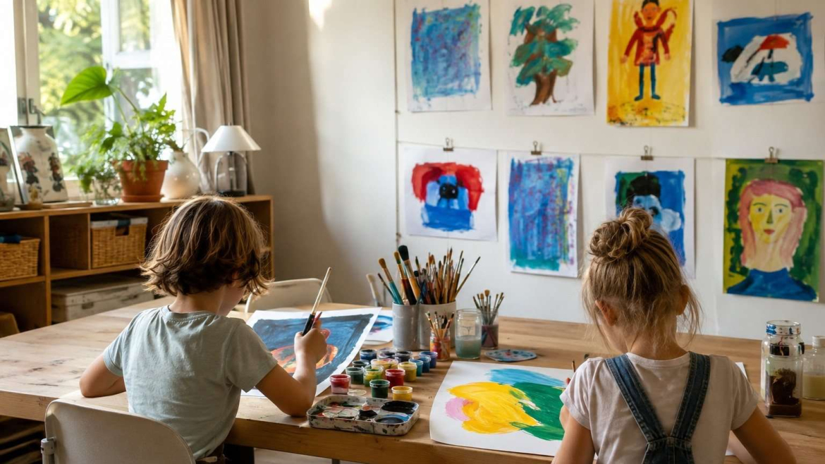 Niños pintando interpretaciones propias de obras de arte en una mesa de manualidades