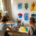 Niños pintando interpretaciones propias de obras de arte en una mesa de manualidades