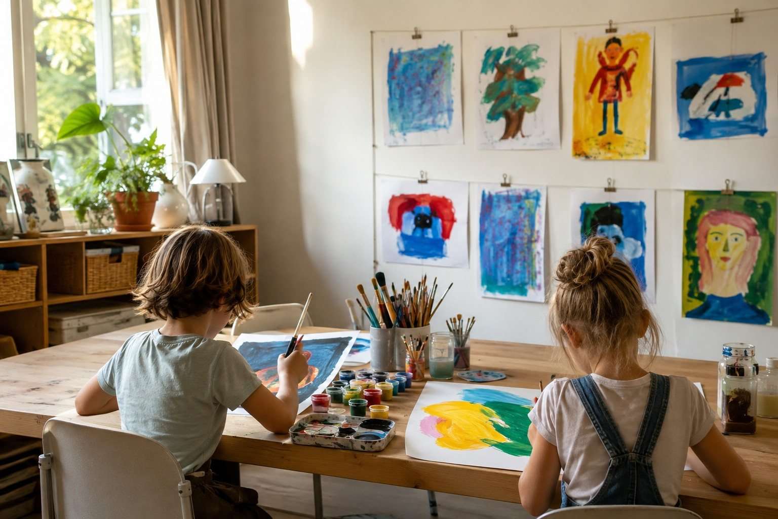 Niños pintando interpretaciones propias de obras de arte en una mesa de manualidades