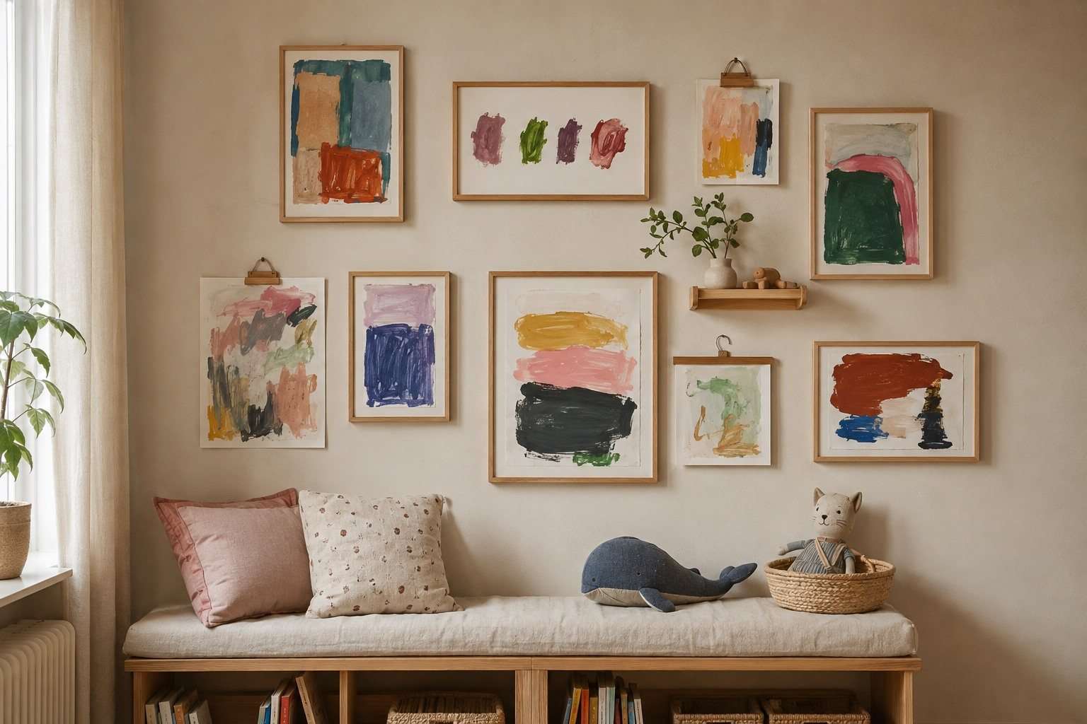 Galería de pinturas infantiles enmarcadas sobre un banco de lectura